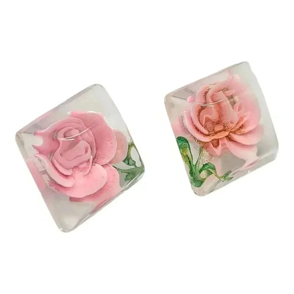 Clear Lucite Square 3D Pink Flower Post Back Earrings Vintage 0.75" x 0.75" - Picture 2 of 5